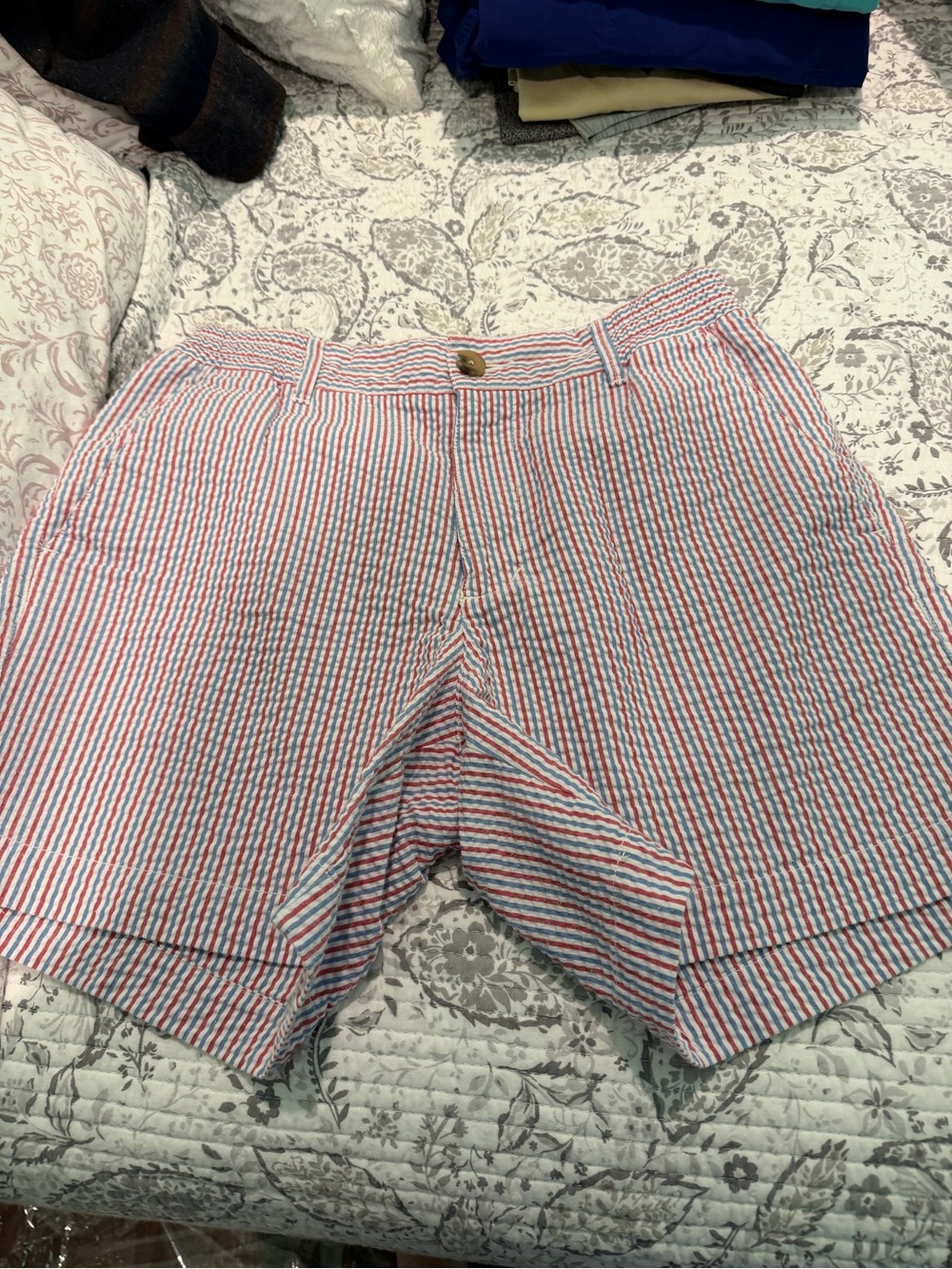 Southern Proper Red and White Seersucker Flat Front Shorts